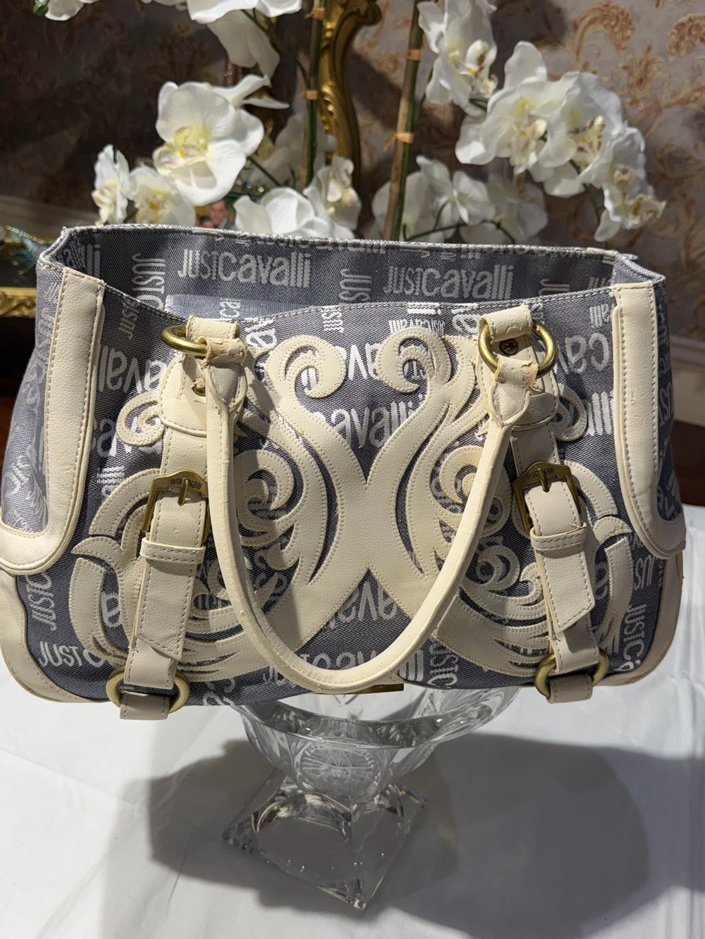 Just Cavalli Gray and Cream Monogram Shoulder Bag